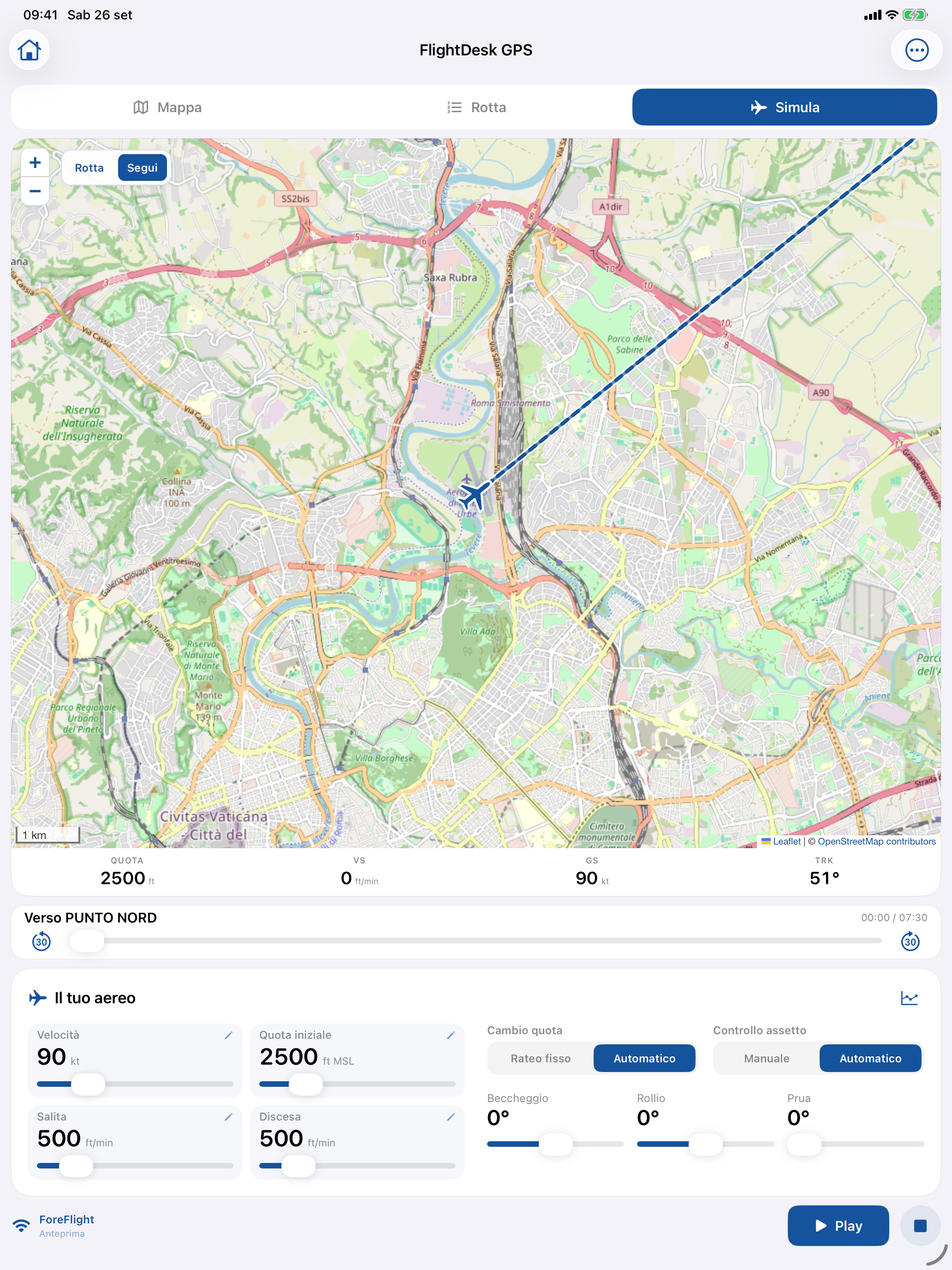 Rotta e controlli di FlightDesk GPS Simulator su iPad