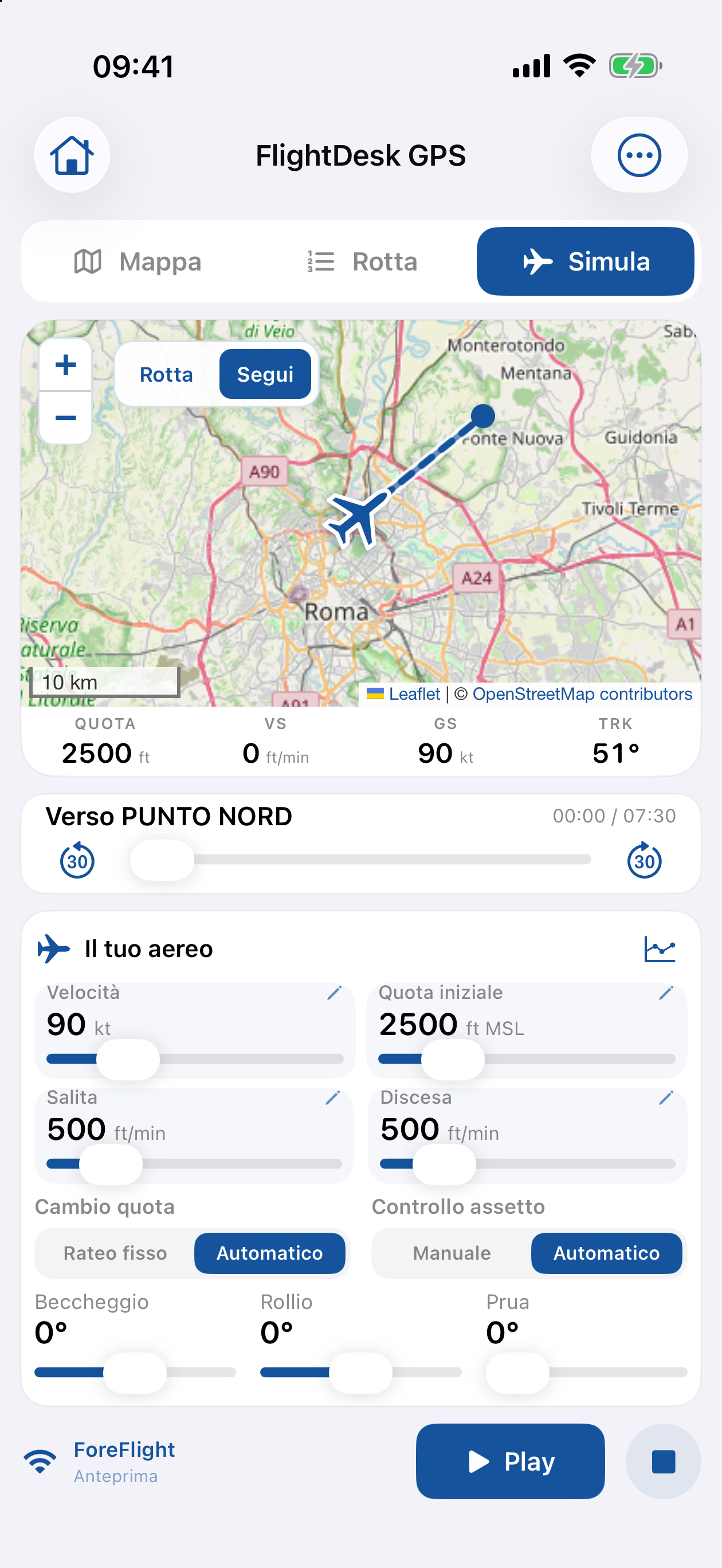 Controlli di simulazione e mappa dell’aereo su iPhone