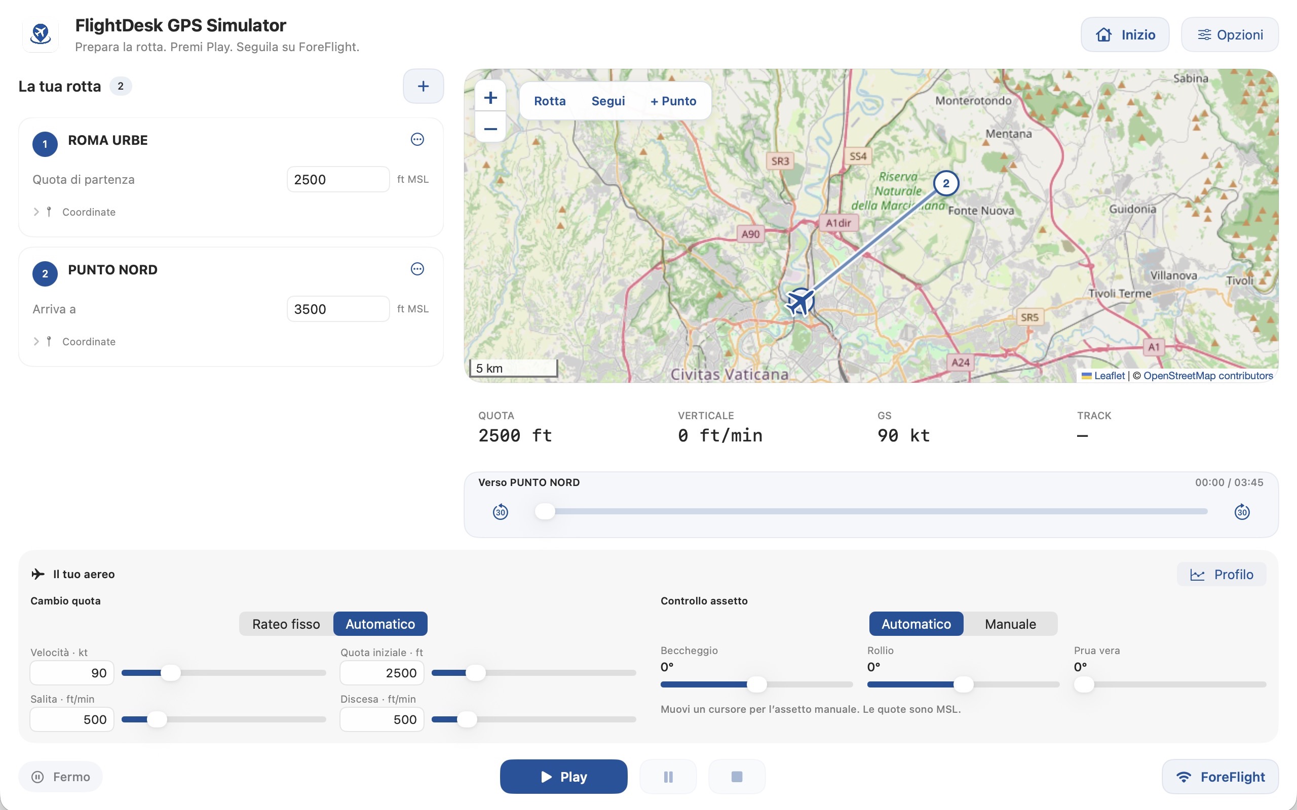 FlightDesk GPS Simulator sul Mac con una rotta virtuale sulla mappa