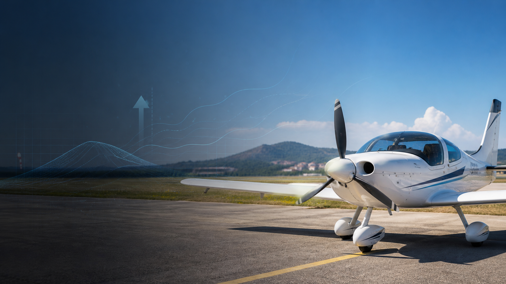 Aeromobile leggero su un campo italiano in una giornata calda, con riferimento visivo a temperatura e quota densità.
