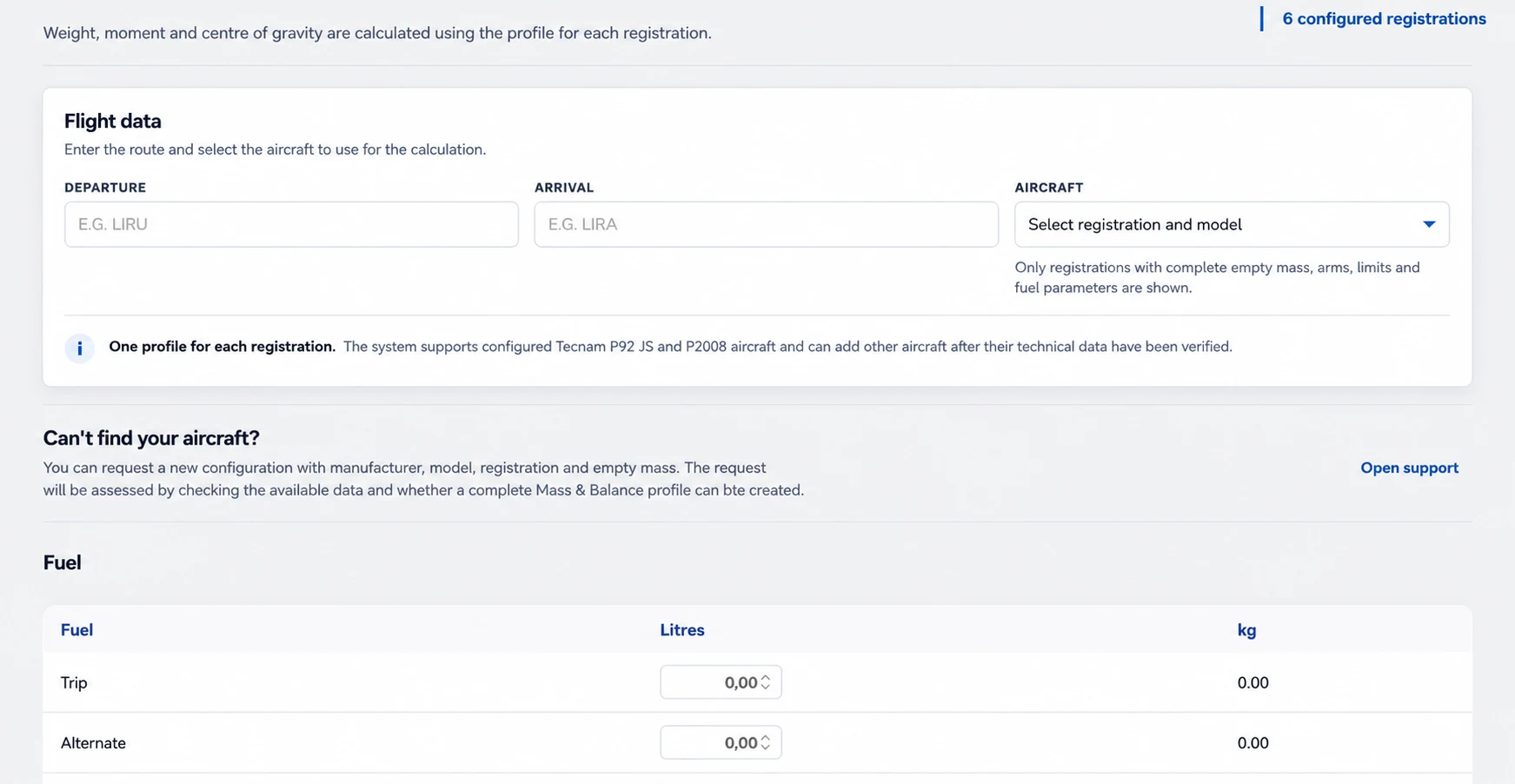 FlightDesk Mass and Balance form with route, aircraft and fuel data