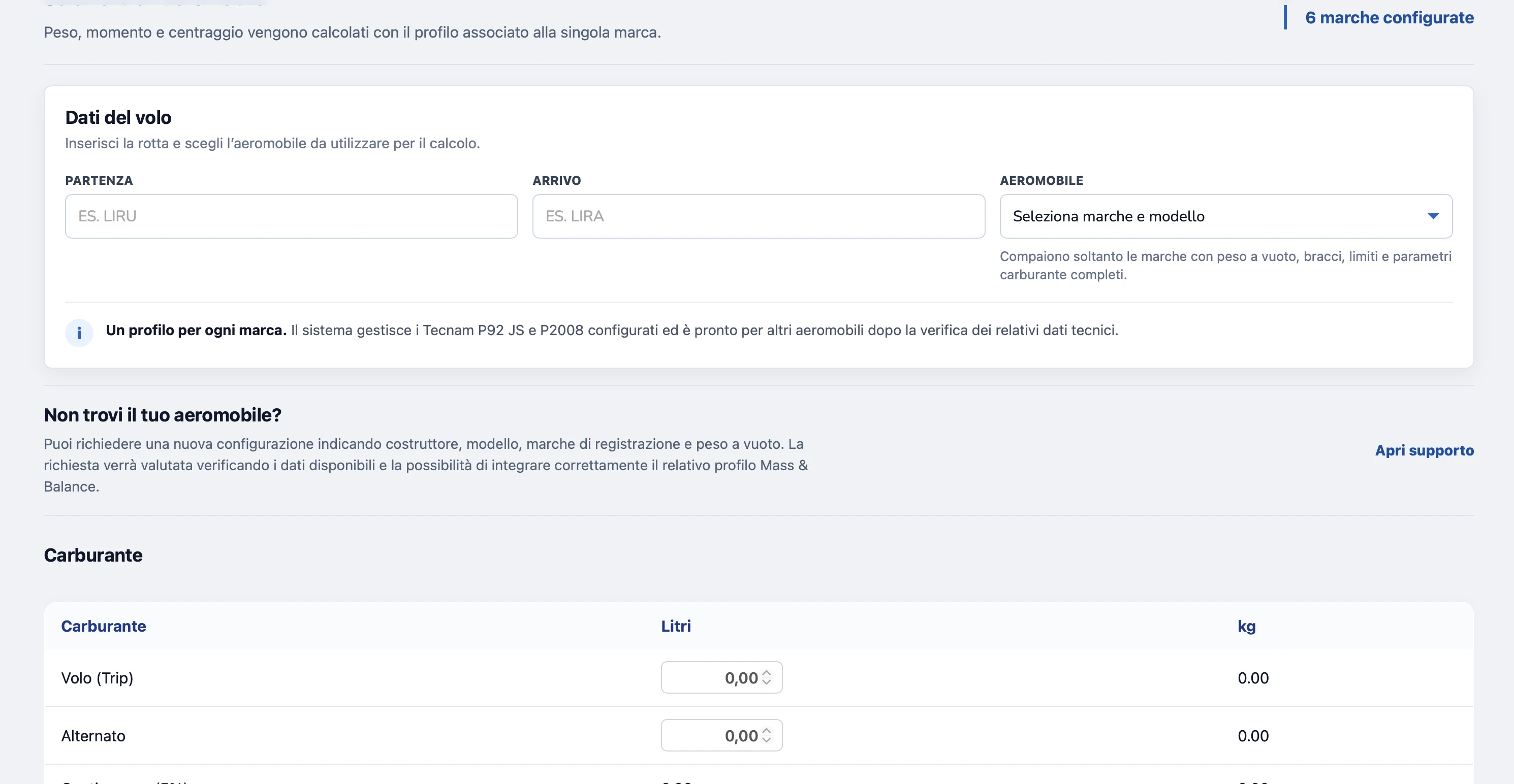 Modulo Massa e bilanciamento FlightDesk con rotta, aeromobile e carburante