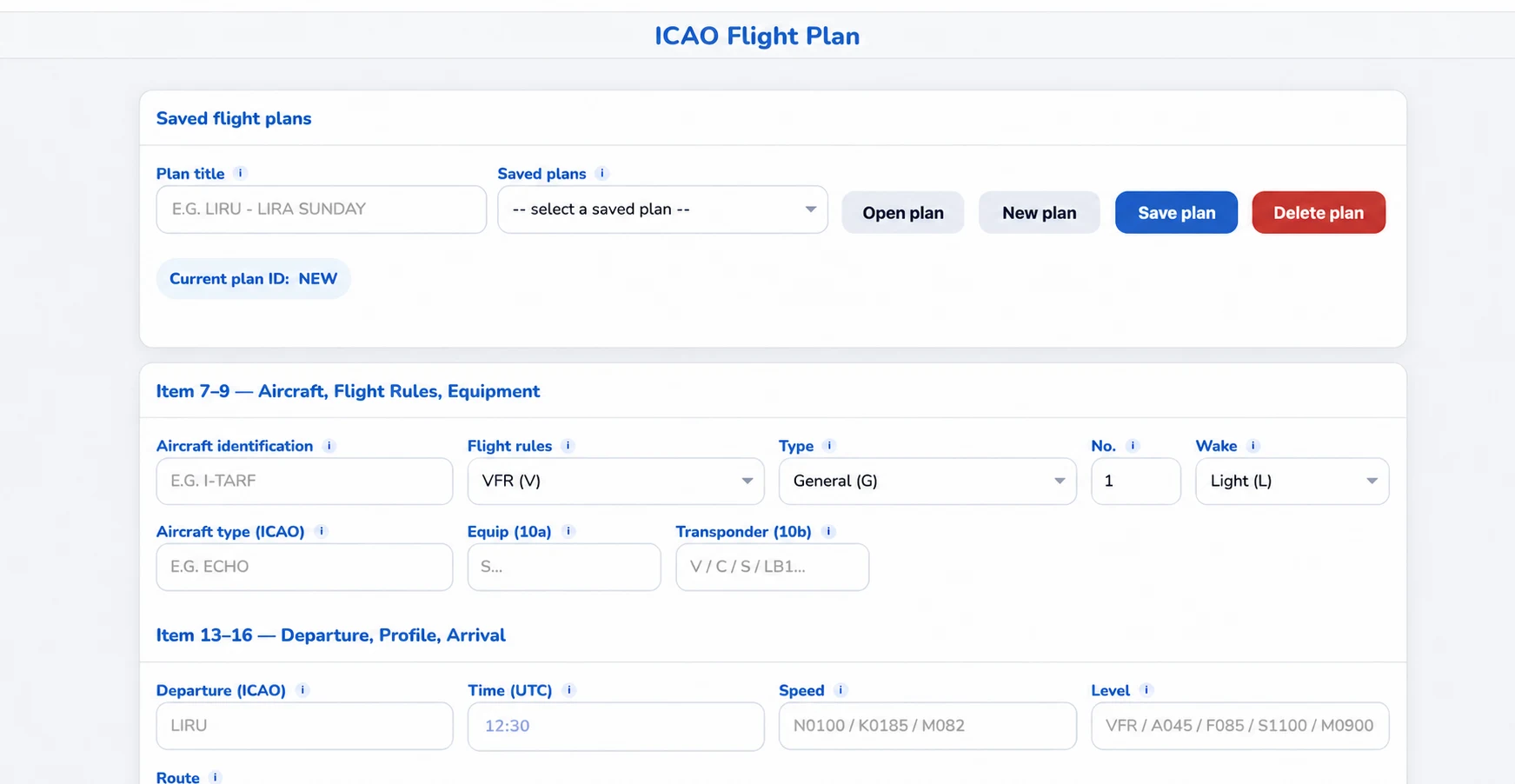 FlightDesk guided ICAO flight plan form