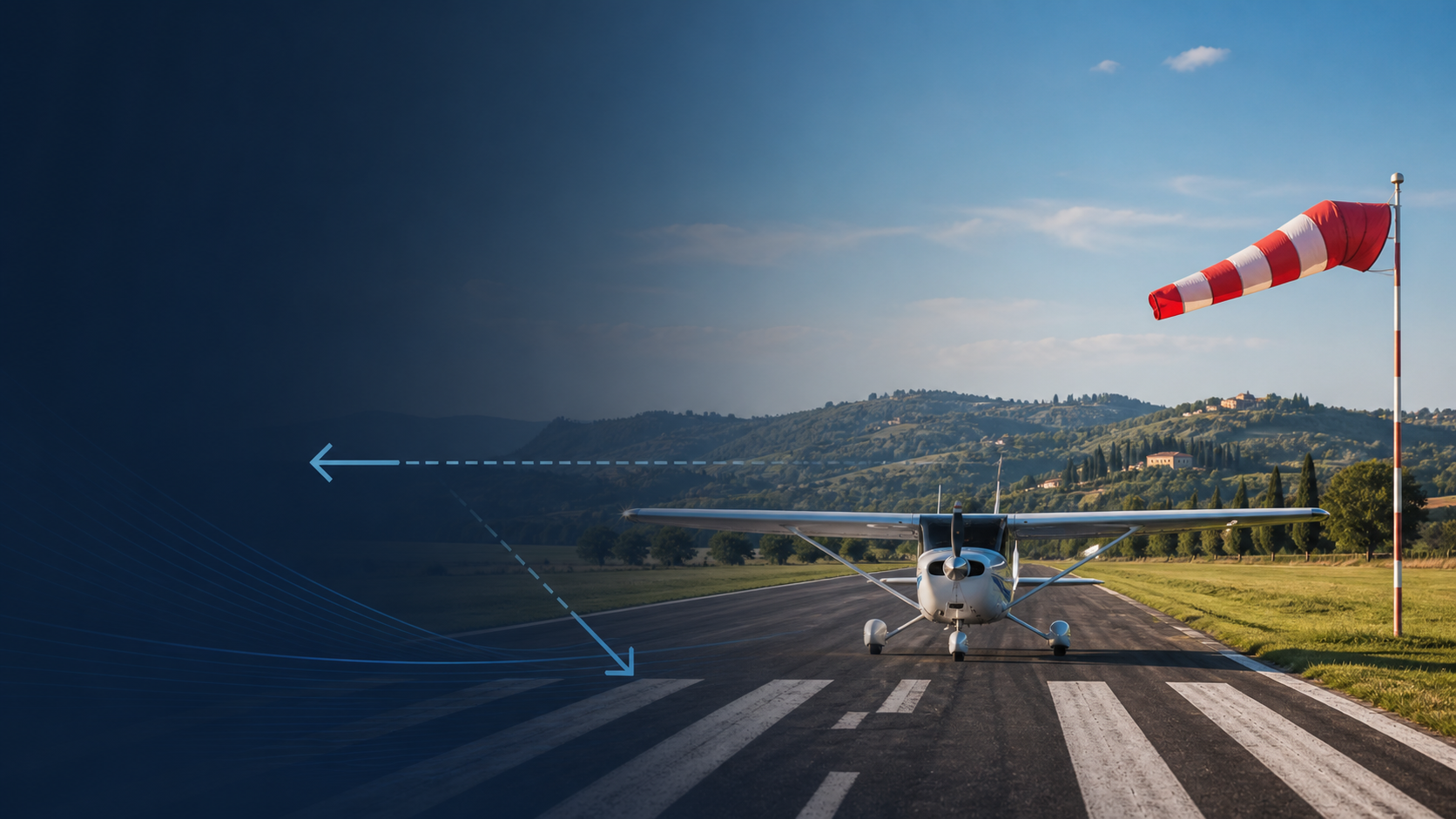 Aeromobile leggero in pista con manica a vento laterale in un aerodromo italiano.